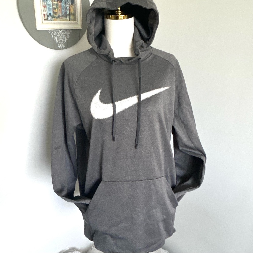 Gray Nike Dri-fit Hoodie White Swoosh Across Chest Kangaroo Pocket Size Large